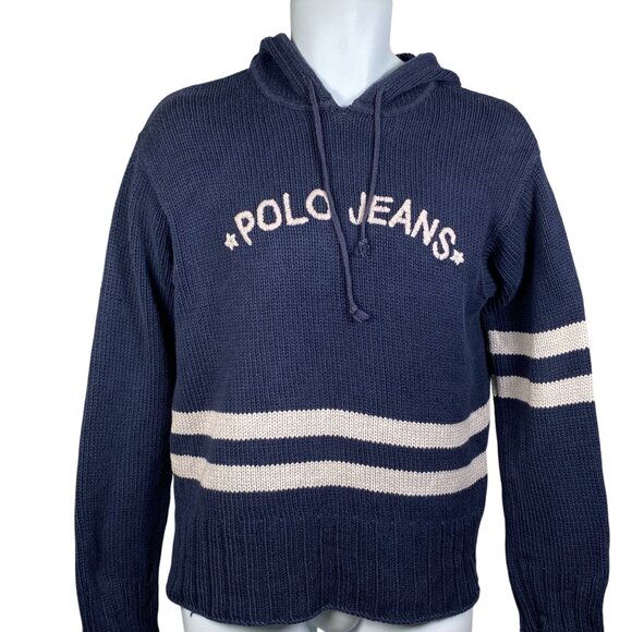 Vintage Polo Jeans Ralph Lauren Hooded Knit Sweater Mens M Blue Long Sleeve